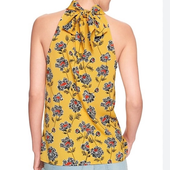 BANANA REPUBLIC Floral Bow Neck Halter Top Yellow woman’s medium - Picture 2 of 13